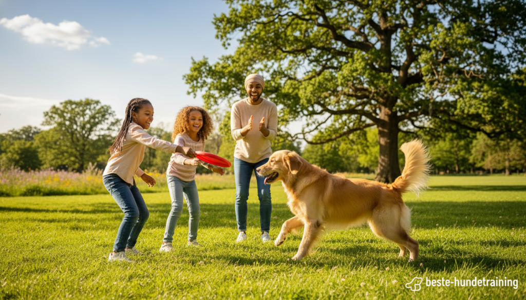 A cheerful family scene featuring a diverse family with two children and a medium-sized dog, showcasing the dog’s character traits. In the foreground, the children are playing fetch with the dog, who is a golden retriever, symbolizing loyalty and friendliness. The middle ground highlights the playful interactions and smiles, capturing the warmth of family life. The background includes a lush green park with trees and a sunny sky, creating a bright and inviting atmosphere. Use natural lighting to enhance the joyful mood, with soft focus on the background to emphasize the family and dog in action. The image should invoke feelings of harmony and companionship, representing ideal family-pet dynamics, suitable for showcasing the brand "beste-hundetraining."