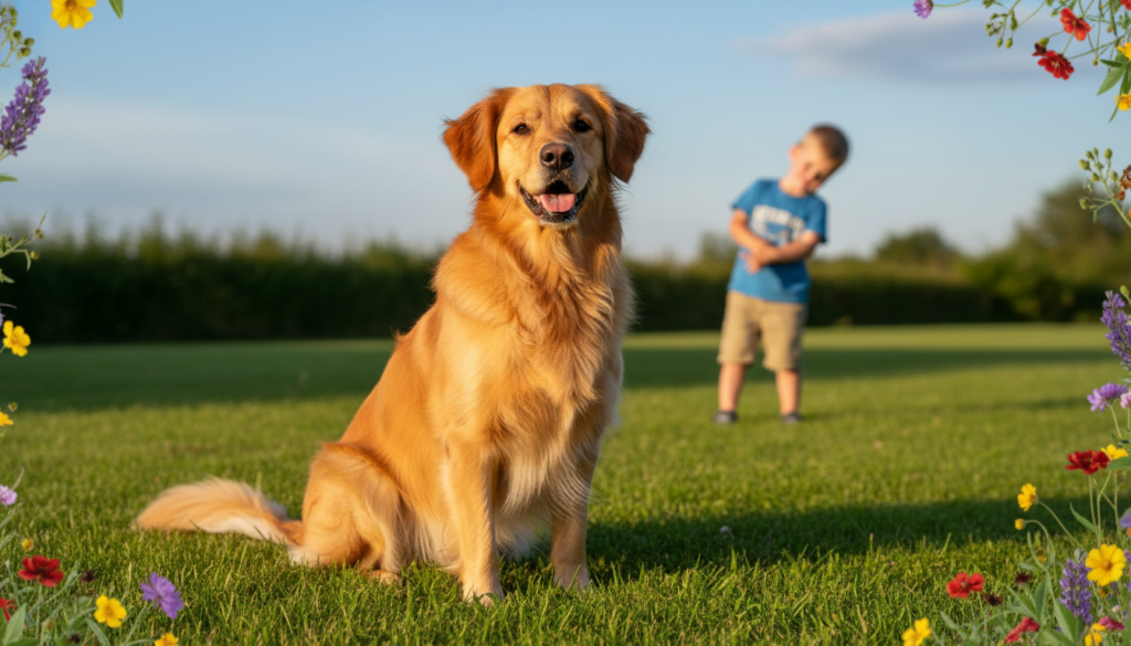 A close-up of a large, friendly dog exhibiting its body language, sitting calmly on a green lawn under soft afternoon sunlight. The dog's ears are perked up and its tail is wagging gently, reflecting a relaxed demeanor, inviting children to approach. In the background, a blurred figure of a child, dressed in modest casual clothing, observes the dog curiously from a safe distance, embodying a sense of trust and harmony. The scene is framed with vibrant wildflowers and a clear blue sky, creating an atmosphere of joy and safety. Capture the essence of canine communication through subtle signals, emphasizing a peaceful interaction while highlighting the importance of understanding dog behavior. Use a shallow depth of field with a warm color palette to evoke a friendly and inviting mood, suitable for the theme of family and pet connection in the article by beste-hundetraining.