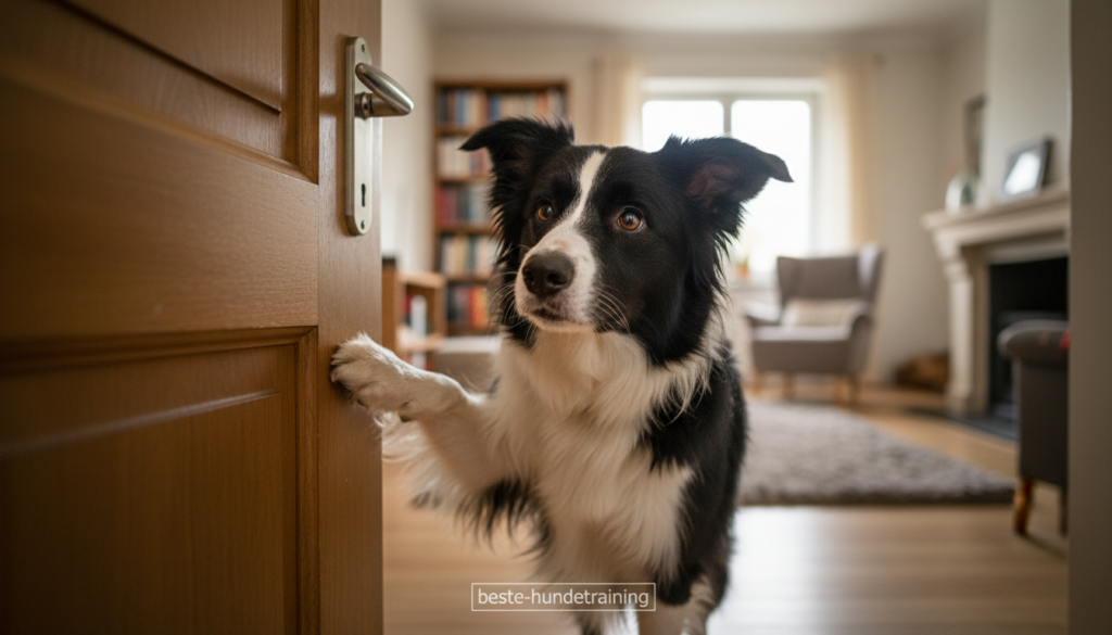 A close-up of a well-trained dog executing the command to close a door with its paw, showcasing the dog's focused expression and determined posture. The foreground features the dog's paw reaching for the door handle, emphasizing its movement and the action of closing the door. In the middle ground, the partially open door reveals a bright and inviting home interior. The background includes soft, warm lighting, creating a cozy atmosphere. The image is captured from a low angle to highlight the dog's stature and the door's height, using a shallow depth of field to blur the background slightly, keeping the focus on the dog. The scene conveys a sense of accomplishment and cooperation between the dog and its owner, reflecting professional dog training techniques by "beste-hundetraining".