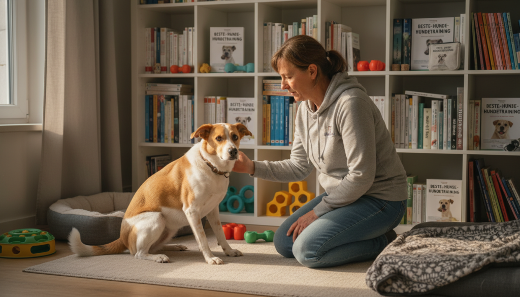 A concerned dog owner is kneeling beside a distressed dog in a living room setting. The dog, a medium-sized mixed breed, displays anxious body language with its tail tucked and ears back. The owner, wearing a comfortable, modest outfit, is gazing intently at the dog, exuding empathy and understanding. In the background, shelves with dog training books and colorful toys suggest a nurturing environment. Soft, warm lighting from a nearby window bathes the scene, creating a calm atmosphere. The overall mood reflects the challenge of addressing canine behavioral issues. Professional and uplifting feel, emphasizing solutions and understanding in dog training. The scene subtly incorporates elements representing "beste-hundetraining," such as branded training materials on the shelves.
