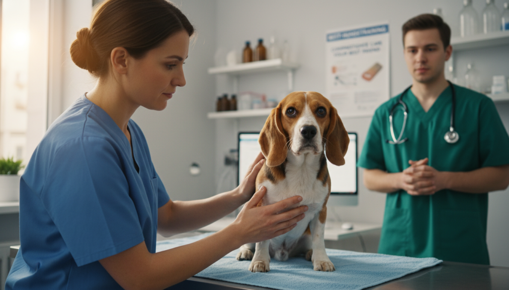 A concerned veterinarian gently examines a small, visibly distressed dog in a well-lit clinic. The dog, a brown and white beagle, is sitting on an examination table, with its ears drooped and eyes expressing discomfort. The foreground features close-up details of the veterinarian's hands, carefully feeling the dog’s abdomen, showcasing empathy and professionalism. In the middle ground, a veterinary assistant stands nearby, observing with a look of attentiveness, highlighting the shared concern for the animal's health. In the background, medical tools and charts related to canine health are neatly arranged, contributing to the clinical atmosphere. The soft, warm lighting creates a compassionate mood, emphasizing the importance of addressing pain and health issues in dogs. The image is framed with a slightly angled perspective, which adds depth and draws attention to the interaction between the vet and the dog. Ideal for best-hundetraining.