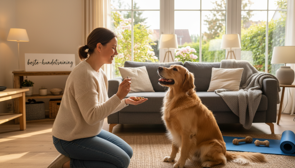 A cozy home training environment featuring a professional dog trainer working with a happy, attentive dog. In the foreground, the trainer, dressed in modest casual clothing, demonstrates positive reinforcement techniques, using treats and a clicker. The dog, a golden retriever, sits eagerly, looking up at the trainer. In the middle ground, a comfortable living room with warm lighting, soft furniture, and dog training accessories like mats and toys can be seen, creating a welcoming atmosphere. In the background, large windows let in natural light, showcasing a lush garden outside. The scene exudes a feeling of trust, companionship, and professionalism, perfectly embodying the essence of "beste-hundetraining."