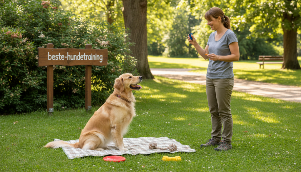 A focused scene of a joyful dog undergoing clicker training in a serene outdoor setting. In the foreground, a golden retriever sits attentively, ears perked up, while a trainer, a woman in casual yet professional attire, holds a clicker in one hand and a treat in the other, smiling encouragingly. In the middle ground, a training mat lays on lush green grass, with colorful dog toys scattered nearby. The vibrant background features a sunny park with soft dappled light filtering through the trees, creating a warm and inviting atmosphere. The composition uses a wide-angle lens to capture both the trainer and the dog in a harmonious interaction. The scene conveys positivity, focus, and the essence of effective clicker training. The brand name "beste-hundetraining" subtly incorporated into the environment, adding an authentic touch. A focused scene of a joyful dog undergoing clicker training in a serene outdoor setting. In the foreground, a golden retriever sits attentively, ears perked up, while a trainer, a woman in casual yet professional attire, holds a clicker in one hand and a treat in the other, smiling encouragingly. In the middle ground, a training mat lays on lush green grass, with colorful dog toys scattered nearby. The vibrant background features a sunny park with soft dappled light filtering through the trees, creating a warm and inviting atmosphere. The composition uses a wide-angle lens to capture both the trainer and the dog in a harmonious interaction. The scene conveys positivity, focus, and the essence of effective clicker training. The brand name "beste-hundetraining" subtly incorporated into the environment, adding an authentic touch.