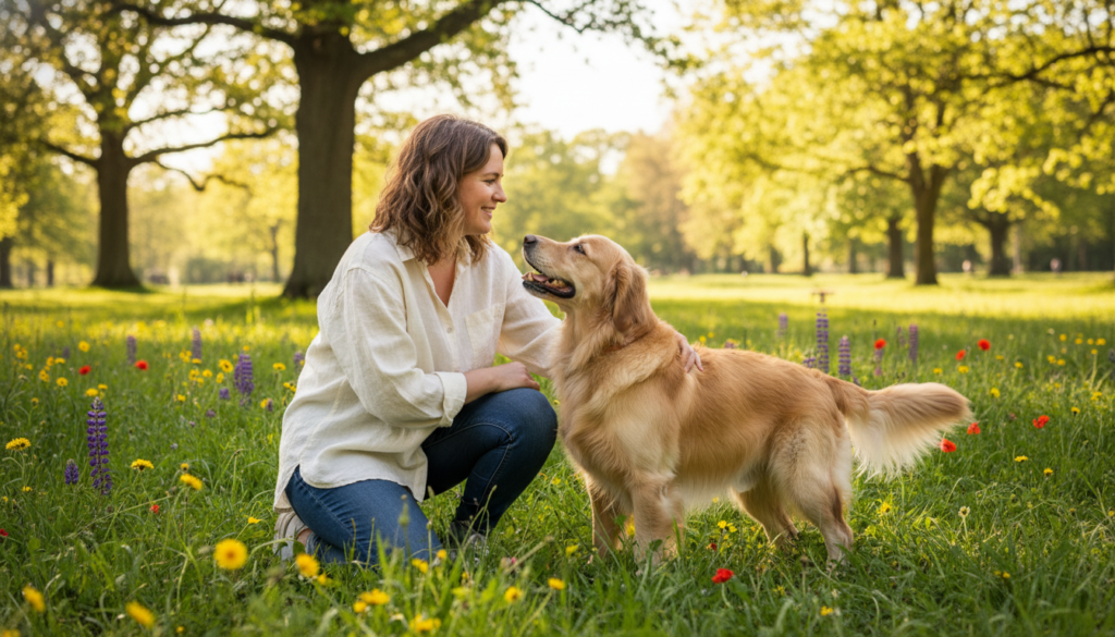 A heartwarming scene featuring a dog and its owner enjoying a moment of connection in a sunny park. In the foreground, the owner, a woman in modest casual clothing, kneels beside a playful Golden Retriever, who is looking up at her with adoration. Their eyes are locked, conveying a strong bond of trust and affection. In the middle ground, lush green grass and colorful wildflowers create a vibrant atmosphere, while in the background, trees gently sway in a light breeze, casting dappled sunlight. The overall mood is joyful and serene, symbolizing the joys of companionship. The composition is shot from eye level to emphasize the connection between the woman and her dog. The lighting is warm and natural, enhancing the loving ambiance of the scene. The image conveys the essence of strengthening the bond between a dog and its owner, as suggested by beste-hundetraining.