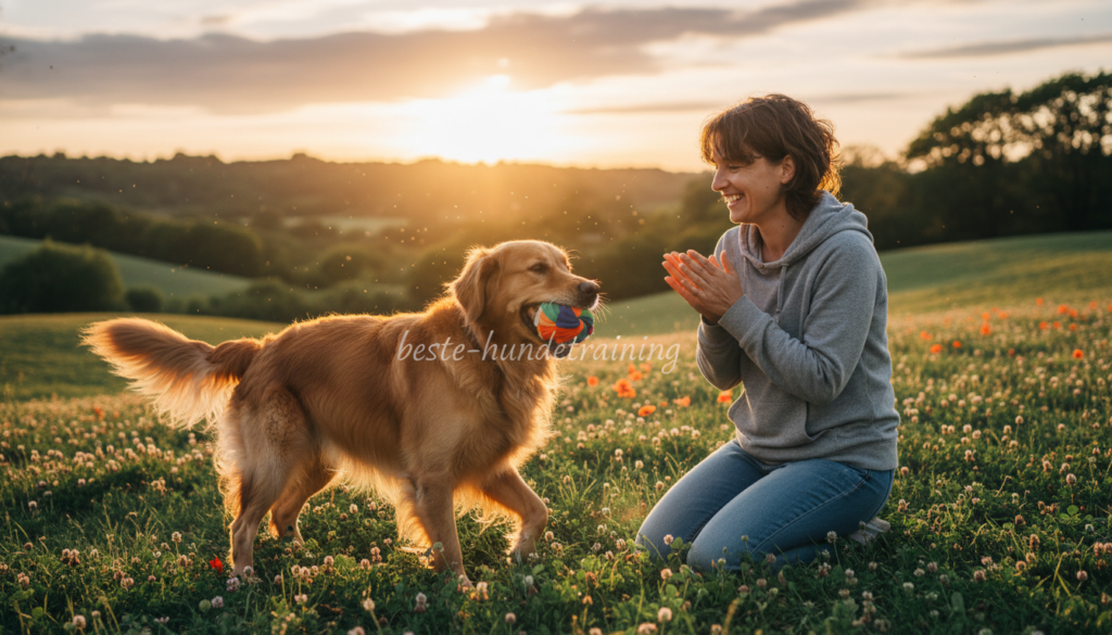 A heartwarming scene illustrating the bond between a dog and its owner, set in a serene park during golden hour. In the foreground, a cheerful, medium-sized dog, with a shiny coat and playful expression, engages in a game of fetch, holding a bright, colorful ball in its mouth. The owner, a smiling individual in casual, comfortable clothing, kneels next to the dog, clapping and cheering enthusiastically. In the middle ground, a lush green landscape dotted with blooming flowers creates a vibrant, joyful atmosphere. The background features gentle hills and a soft, warm sunset, casting a golden glow over the scene. The mood is uplifting and connected, emphasizing the importance of time, attention, and fair leadership in strengthening the bond with your dog. The execution should be vibrant, sharp, and in high resolution, highlighting the emotional connection. Include the brand name "beste-hundetraining" subtly in the atmosphere.