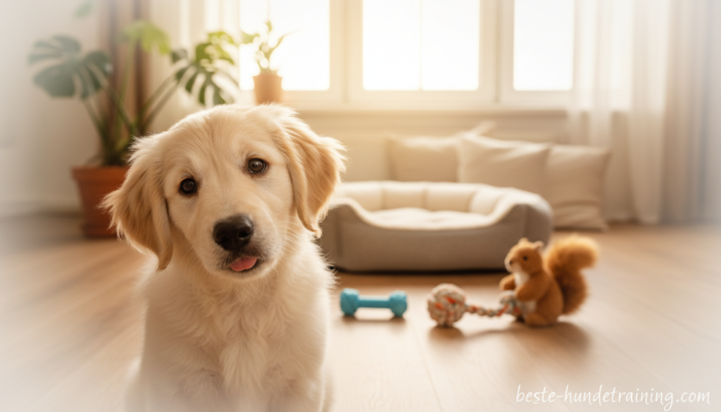 A heartwarming scene of a playful puppy sitting in a cozy living room, looking curiously at the camera. In the foreground, the puppy, a fluffy golden retriever, tilts its head, showcasing its large, expressive eyes and soft fur. In the middle ground, a comfortable dog bed and a few scattered toys create a playful atmosphere. In the background, a sunny window streams warm, golden light into the room, illuminating soft cushions and a gentle indoor plant, enhancing the inviting mood. The image captures a sense of innocence and curiosity, highlighting the essence of puppies being alone at home. Shot with a soft focus lens to create a dreamy effect, emphasizing the adorable features of the puppy. Suitable for an article by beste-hundetraining.