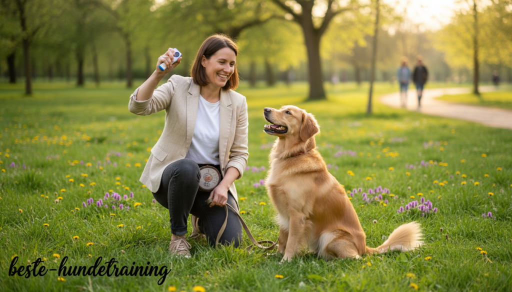 A joyful scene depicting a dog owner executing the "Sitz" command in a bright, outdoor park setting. In the foreground, the owner, dressed in casual yet professional attire, kneels beside a cheerful medium-sized dog, attentively sitting with its tail wagging. The owner's hand, poised to click a clicker, emphasizes the training moment. In the middle ground, vibrant green grass and blooming flowers provide a naturalistic backdrop, enhancing the training atmosphere. In the background, soft-focus trees and a picturesque pathway add depth to the scene. The lighting is warm and sunny, casting gentle shadows, evoking a sense of positivity and focus around effective dog training. The overall mood conveys encouragement and connection between the trainer and the dog, fitting the theme of "beste-hundetraining." A joyful scene depicting a dog owner executing the "Sitz" command in a bright, outdoor park setting. In the foreground, the owner, dressed in casual yet professional attire, kneels beside a cheerful medium-sized dog, attentively sitting with its tail wagging. The owner's hand, poised to click a clicker, emphasizes the training moment. In the middle ground, vibrant green grass and blooming flowers provide a naturalistic backdrop, enhancing the training atmosphere. In the background, soft-focus trees and a picturesque pathway add depth to the scene. The lighting is warm and sunny, casting gentle shadows, evoking a sense of positivity and focus around effective dog training. The overall mood conveys encouragement and connection between the trainer and the dog, fitting the theme of "beste-hundetraining."
