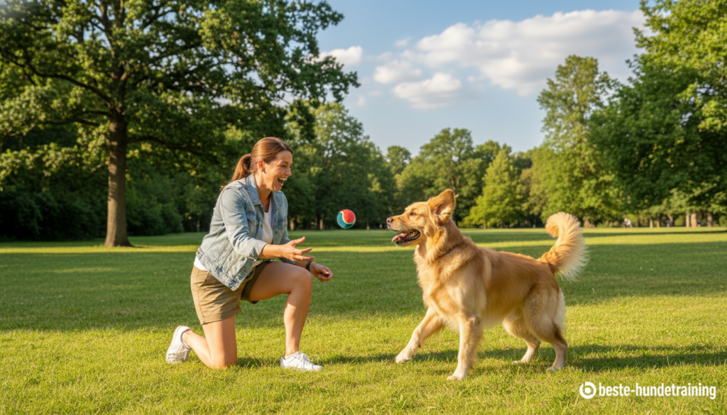 A joyful scene of a woman and her playful dog in a lush green park, capturing the essence of bonding through play. In the foreground, the woman, dressed in comfortable casual attire, is kneeling and throwing a colorful ball towards her excited dog, a medium-sized golden retriever with a shiny coat. In the middle ground, various trees and soft grass create a vibrant, inviting setting. The background features a bright blue sky dotted with fluffy white clouds, enhancing the cheerful mood. Soft, natural lighting bathes the scene, suggesting a sunny afternoon. This image should convey warmth, connection, and the joy of shared moments between the dog and its owner, embodying the theme of strengthening bonds through play. Best to include the logo "beste-hundetraining" subtly in the corner.