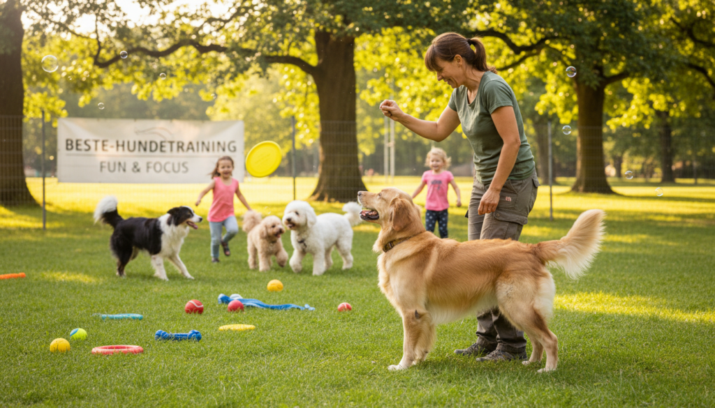 A lively training scene featuring a dog trainer in casual attire working with a playful dog amidst various distractions. In the foreground, a golden retriever eagerly responds to commands, displaying focus and excitement. In the middle ground, several distractions are illustrated, such as other dogs playing, children laughing, and colorful toys scattered around to challenge the dog's attention. The background includes a sunny park setting with green grass and trees casting soft shadows, suggesting a warm, inviting atmosphere. The lighting is bright and natural, enhancing the vibrancy of the scene. Capture this dynamic moment to illustrate the essence of effective training methods by beste-hundetraining, showcasing how a dog can remain attentive in a busy environment.