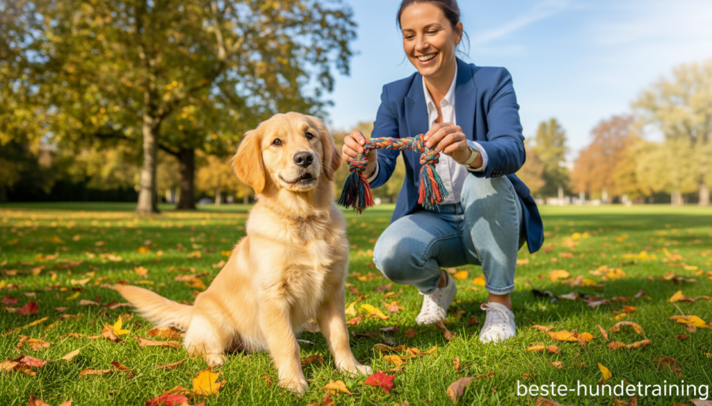 A playful, inquisitive puppy sits in a sunlit park, surrounded by vibrant green grass and scattered autumn leaves. The puppy, a fluffy Golden Retriever with big, expressive eyes and a wagging tail, is positioned in the foreground, showcasing its inviting demeanor. In the middle ground, a dog trainer, dressed in smart casual attire, kneels beside the puppy, smiling encouragingly while holding a colorful toy. The background features soft-focus trees and a bright blue sky, enhancing the warm, inviting atmosphere. The scene captures a moment of positive interaction between the trainer and puppy, ideal for illustrating the fundamental principles of dog training. Lighting is bright and natural, creating a cheerful and hopeful mood, conveying the excitement of training a young dog. The composition is taken from a slightly elevated angle, adding depth and engagement to the image. Include the branding "beste-hundetraining" subtly in the corner.