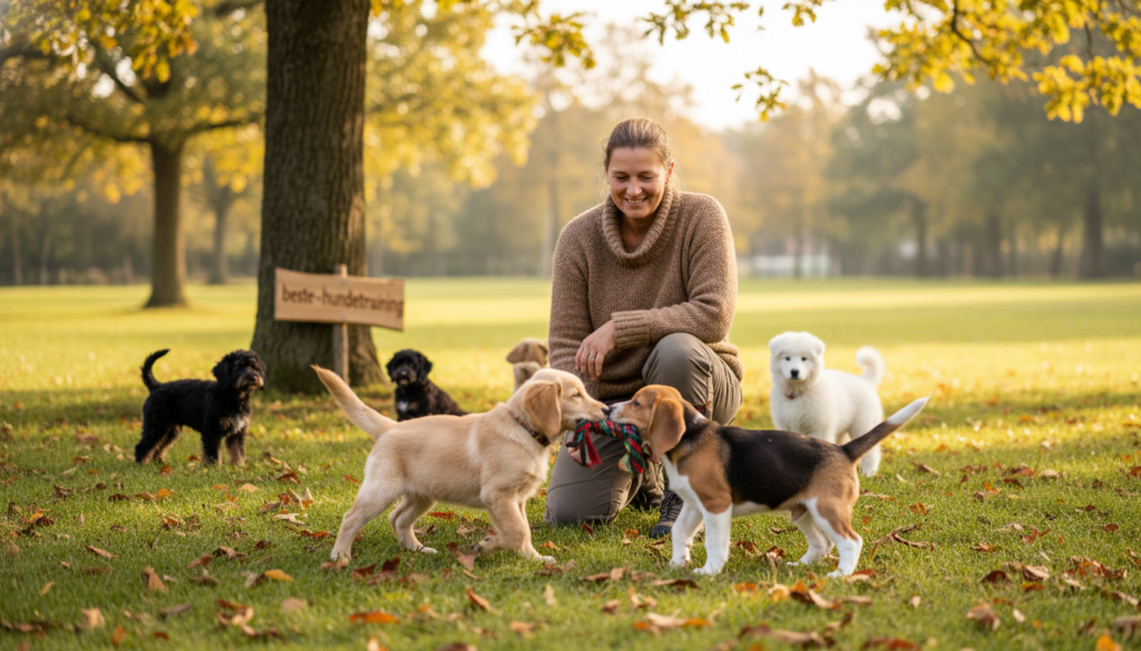 A playful scene depicting a group of adorable puppies joyfully retrieving a colorful toy in a serene outdoor park setting. In the foreground, focus on two energetic puppies, one golden retriever and one beagle, eagerly holding the toy in their mouths, tails wagging. In the middle ground, a caring dog trainer is kneeling, encouraging the puppies with a warm smile, dressed in casual, modest clothing. The background features a lush green lawn, scattered autumn leaves, and a few trees gently swaying in the breeze under a soft, golden sunlight. The atmosphere is cheerful and engaging, highlighting the bond between dogs and their trainers, conveying a sense of warmth and joy in the learning process. Ideal for illustrating effective training methods for puppies. Incorporate the brand name "beste-hundetraining" subtly in the environment.