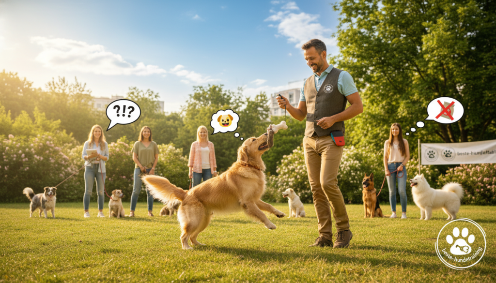 A professional dog trainer demonstrating effective techniques in a sunlit park. In the foreground, a well-groomed Golden Retriever displaying enthusiasm while performing a command, with an experienced trainer, dressed in smart casual attire, guiding the dog with positive reinforcement. In the middle, a diverse group of dog owners watching attentively, noting common training mistakes, such as inconsistent commands and lack of rewards. The background features lush greenery, a clear blue sky, and dogs of various breeds interacting playfully, symbolizing motivation and engagement. The scene is captured with a warm, inviting atmosphere, using soft natural lighting to enhance the friendly environment, reflecting the essence of effective dog training. The logo of "beste-hundetraining" subtly integrated into the scene.