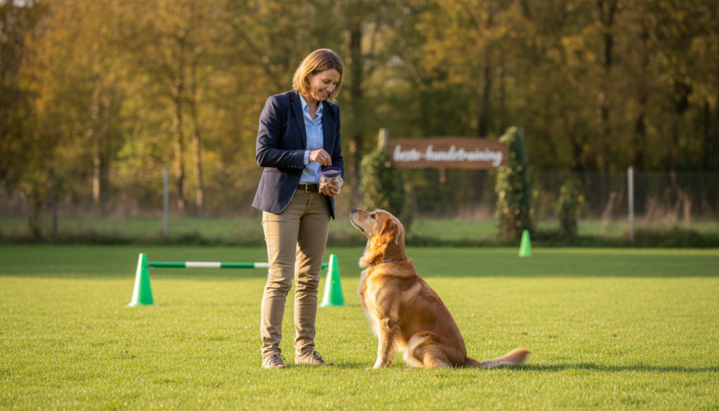 A professional dog trainer engaging with a medium-sized dog in a training session outdoors. In the foreground, the trainer, dressed in smart casual attire, demonstrates positive reinforcement with treats while showing a calm demeanor. The dog is attentively responding, reflecting its understanding of commands through relaxed body language and a wagging tail. In the middle ground, a grassy training field is visible, surrounded by trees softly blurred in the background, creating a peaceful atmosphere. The light is soft and warm, suggesting late afternoon sun. The scene captures a moment of connection and communication between the trainer and the dog, embodying the essence of effective dog training. The brand name "beste-hundetraining" subtly integrated into the environment, emphasizing professionalism and connection in dog training.
