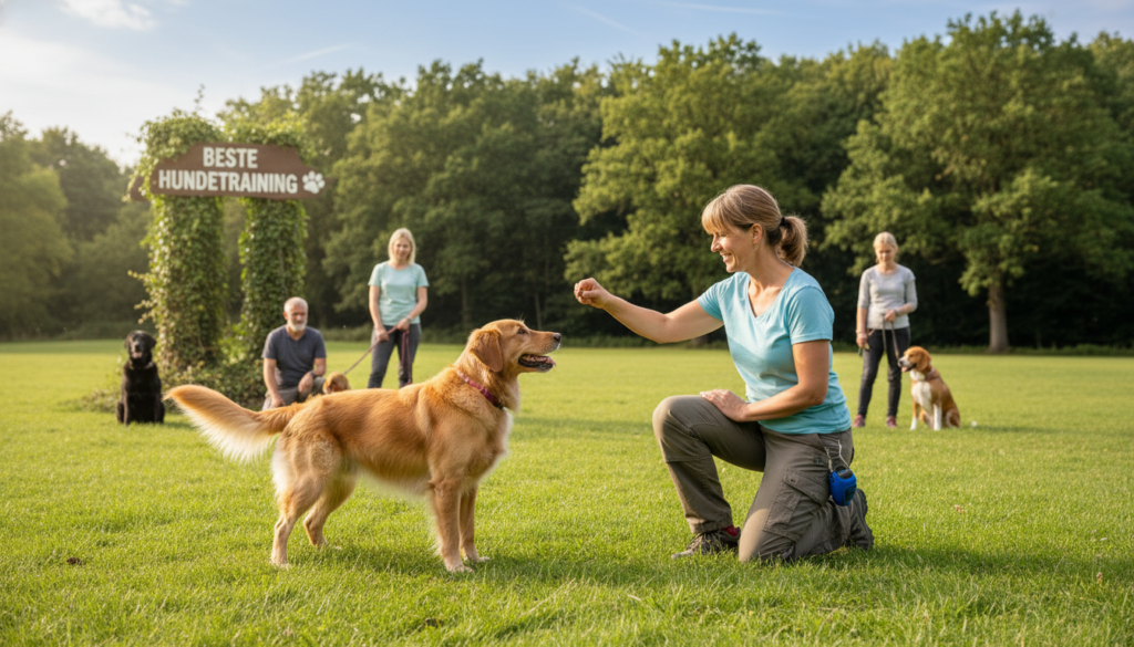 A professional dog trainer guiding a medium-sized, eager dog through positive reinforcement training in a well-lit, open outdoor park. In the foreground, the trainer, dressed in modest casual clothing, kneels and holds a treat in front of the dog, which is attentively focusing on the command. In the middle ground, other dog owners are watching their pets practice obedience, creating a sense of community. The background features lush green trees and a bright blue sky, adding a cheerful atmosphere. Soft, diffused sunlight enhances the scene, giving it warmth and approachability. The overall mood is encouraging and supportive, emphasizing teamwork between dogs and their owners. The scene subtly incorporates elements showcasing "beste-hundetraining", suggesting a reliable resource for dog training methods.