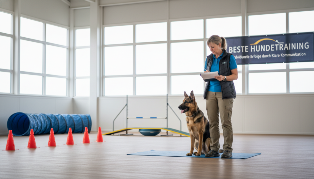 A professional dog trainer is analyzing a dog's behavior in a bright, well-lit training facility. In the foreground, the trainer, dressed in smart casual attire, observes the dog intently, taking notes on a clipboard. The dog, a lively German Shepherd, is engaged in various activities, showcasing actions like sitting, staying, and responding to commands. In the middle ground, training equipment like agility tunnels and cones is set up, highlighting a structured training environment. The background features large windows allowing natural light to flood the space, creating a warm and inviting atmosphere. The mood is focused and supportive, emphasizing clear communication and individual planning in dog training. Capturing a sense of professionalism, the overall image reflects the dedication of "beste-hundetraining" in creating successful training outcomes.
