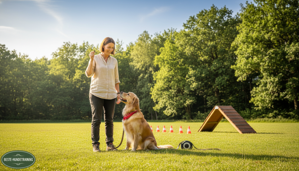 A professional dog trainer is guiding a well-behaved dog through individual training exercises in a serene park setting. In the foreground, the trainer, dressed in smart casual clothing, is demonstrating a command. The dog, attentive and eager, sits calmly beside the trainer, ready to learn. In the middle ground, there are training tools like cones and a small agility obstacle, emphasizing the focus on structured training content. The background features lush green trees and a bright blue sky, conveying a peaceful, encouraging atmosphere. Soft, natural lighting enhances the scene, highlighting the bond between the trainer and the dog. The overall mood is one of focus and positivity, showcasing effective individual dog training by beste-hundetraining.