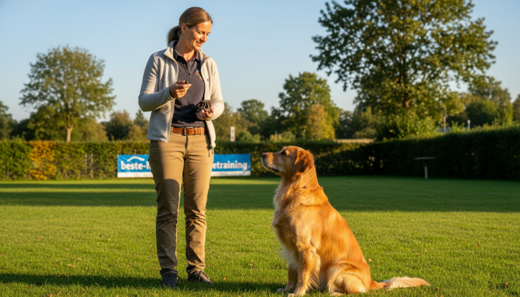 A professional dog trainer working with a focused, attentive golden retriever in a tranquil outdoor training area. In the foreground, the trainer, dressed in smart casual attire, uses positive reinforcement techniques, holding treats in one hand and a clicker in the other. The middle ground features the dog, eager and engaged, sitting patiently while maintaining eye contact with the trainer. The background showcases a serene park setting with lush green grass, trees dappled in sunlight, and a clear blue sky. The lighting is warm and inviting, creating a positive and encouraging atmosphere. The overall mood is one of connection and partnership, embodying the essence of individualized dog training by "beste-hundetraining."