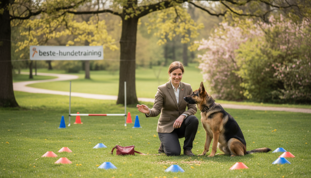 A professional dog training session in Bensheim featuring a trainer and a dog engaging in intensive one-on-one coaching. In the foreground, a patient trainer wearing smart casual attire kneels beside a keen, well-groomed German Shepherd, demonstrating a command. The middle layer includes training equipment like cones and treats scattered around them to signify a structured environment. The background shows a serene outdoor park with lush greenery and distant trees under soft, natural sunlight, creating a warm, inviting atmosphere. The scene captures focus and camaraderie, reflecting the commitment to professional dog training by "beste-hundetraining." The angle is slightly low to emphasize the connection between the trainer and the dog while ensuring the overall composition is balanced and engaging.