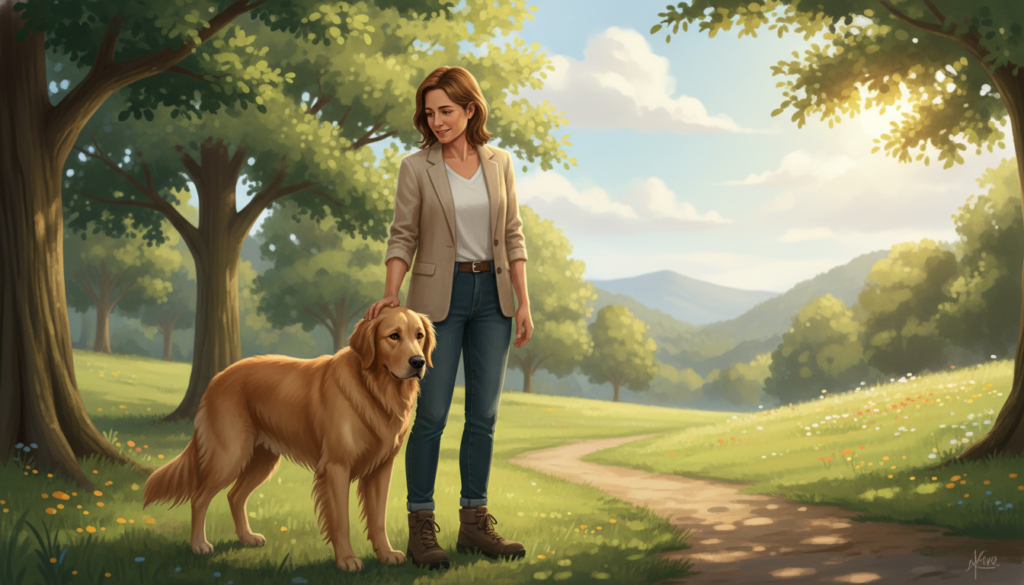 A professional, introspective illustration showcasing a dog and a trainer in a serene park setting, emphasizing the theme of understanding behavioral causes in dogs. In the foreground, a concerned yet calm dog, with a slightly lowered head and attentive eyes, stands beside a trainer wearing a smart casual outfit. The middle layer features a lush green park with various trees that provide natural shade. The background depicts a soft focus view of distant hills under a bright, sunny sky, creating an uplifting atmosphere. The lighting is warm, showcasing the connection between the dog and trainer, highlighting the moment of recognition and empathy. The overall mood is reflective and insightful, perfectly capturing the essence of identifying behavioral issues in dogs. This image relates to the theme of "beste-hundetraining" without including any text or logos.
