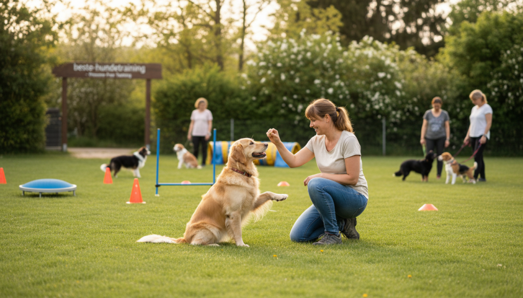 A serene and inviting outdoor training space for dogs, showcasing a peaceful interaction between a trainer and a well-behaved dog. In the foreground, a smiling trainer in modest casual clothing is kneeling on the grass, gently encouraging a playful Golden Retriever to perform a trick. The dog's fur glistens in the sunlight, highlighting its joyful demeanor. In the middle ground, scattered training equipment such as cones and agility barriers hint at an organized training session, while a few other dogs and trainers can be seen in the background, engaged in various positive activities. Soft, warm lighting enhances the harmonious atmosphere of the scene, captured with a shallow depth of field to keep the focus on the trainer and dog. The overall mood is relaxed and supportive, embodying the principles of pressure-free training from beste-hundetraining.