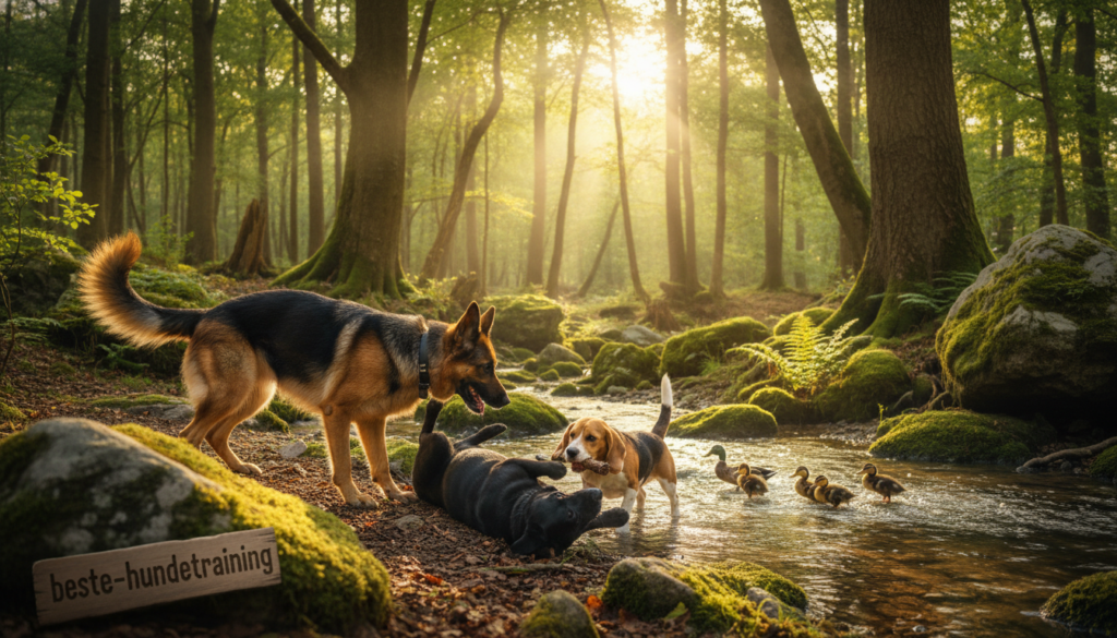 A serene, natural scene illustrating the instinctual behaviors of dogs in a tranquil forest setting. In the foreground, a range of dog breeds, such as a German Shepherd, Labrador Retriever, and Beagle, playfully engaging with each other, showcasing their social instincts. The middle ground features a small stream with a family of ducks, capturing the dogs' instinctive reactions to wildlife. In the background, tall trees filter golden sunlight, creating a warm and inviting atmosphere. The image should be shot from a low angle to emphasize the dogs' playful energy against the majestic backdrop. The overall mood is one of harmony and connection with nature, reflecting the beauty of canine instincts and socialization. The branding "beste-hundetraining" should subtly echo the theme of understanding dog behavior.