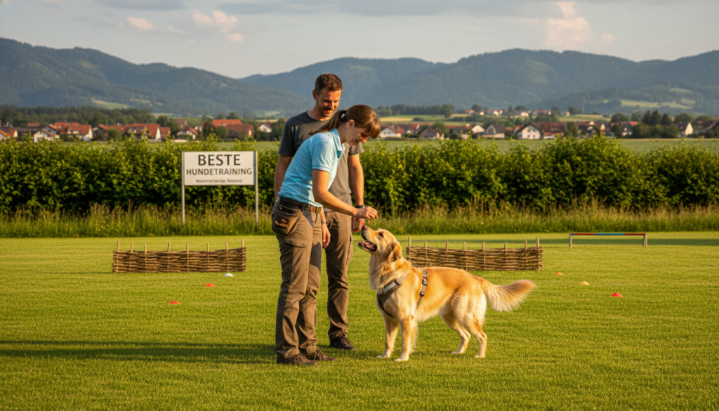 A serene outdoor dog training session in Sonsbeck-Hamb, featuring a professional dog trainer and a skilled handler engaging with a happy, focused dog. In the foreground, the trainer, dressed in smart casual attire, gently guides the dog with a treat, emphasizing positive reinforcement. The middle ground showcases a beautifully manicured training area, surrounded by lush greenery and rolling hills characteristic of the Alps. The sun casts soft, warm lighting, highlighting the bond between the trainer and the dog. In the background, a quaint village and distant mountains add depth to the scene. The atmosphere is calm and encouraging, reflecting the essence of "beste-hundetraining," creating an inviting space for professionals and dog owners alike.
