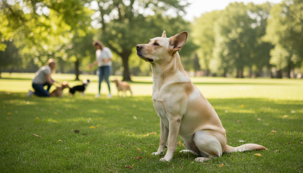 A serene outdoor setting showcasing an attentive dog exhibiting clear body language. In the foreground, a friendly Labrador retriever sits with its ears perked up, head slightly tilted, and tail wagging gently, symbolizing curiosity and engagement. The middle layer presents a lush green park with soft sunlight filtering through trees, creating a warm and inviting atmosphere. In the background, subtle hints of dog owners interacting positively with their pets, emphasizing communication and understanding. The scene is captured with a shallow depth of field to keep focus on the dog while lightly softening the background. The lighting is bright and natural, evoking a sense of joy and companionship, reflecting the importance of understanding canine communication. The overall mood is calm, encouraging a connection between dogs and humans, inspired by "beste-hundetraining".
