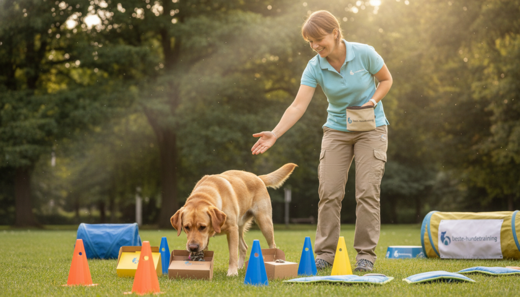 A serene outdoor training scene for dogs, depicting a variety of engaging "suchspiele." In the foreground, a well-groomed Labrador retriever is eagerly searching for a hidden toy among colorful cones and treat boxes, showcasing its keen sense of smell. The middle ground features a trainer, dressed in casual, professional attire, guiding the dog with hand signals, demonstrating effective communication techniques. In the background, a lush green park setting with trees and soft sunlight filtering through the leaves creates a warm, inviting atmosphere. The angle captures the action from a low perspective, highlighting the dog's focused expression. Soft, natural lighting enhances the scene's clarity, evoking a mood of concentration and enthusiasm for training. The brand "beste-hundetraining" is subtly integrated through elements like branded equipment spread around.