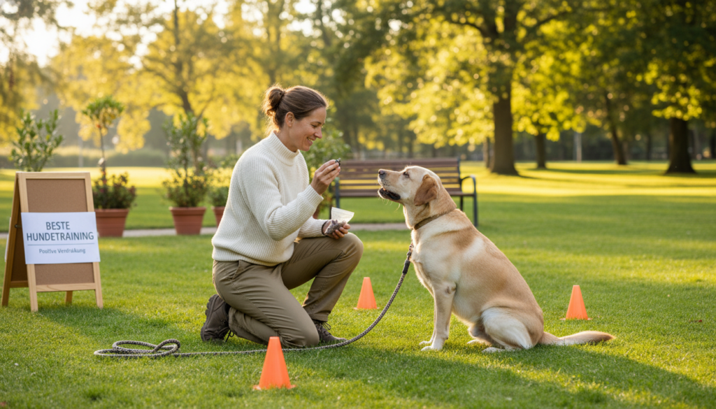 A serene outdoor training session featuring a professional dog trainer demonstrating positive reinforcement techniques with a focused dog. In the foreground, the trainer, dressed in smart casual attire, interacts with the dog using a clicker and treats. The dog, a medium-sized Labrador, displays attentive body language, showing eagerness to learn. In the middle ground, training cones and a leash lie on the grass, emphasizing structure in the training process. The background includes a sunlit park with trees providing a natural setting, enhancing the peaceful atmosphere. Soft, warm lighting bathes the scene, casting gentle shadows. The overall mood is one of encouragement and empowerment, capturing the essence of effective training practices by "beste-hundetraining".