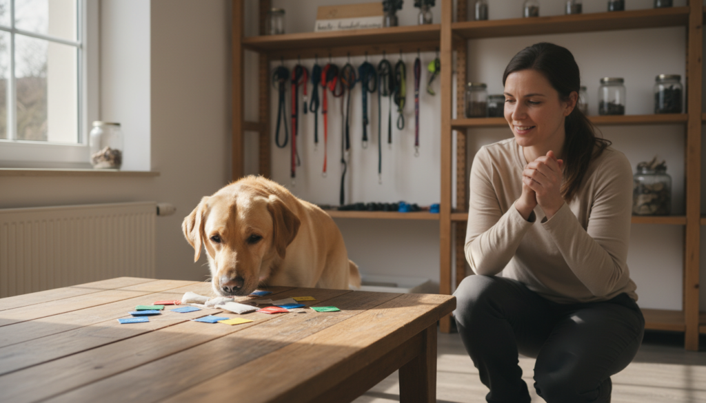 A serene training environment featuring a focused dog, ideally a Labrador Retriever, sniffing various colorful tea bags arranged on a wooden table. In the foreground, the dog's nose hovers over the tea bags, highlighting the process of scent differentiation. The middle ground includes a confident, professional dog trainer kneeling beside the table, dressed in modest casual clothing, observing the dog's progress. Soft, diffused daylight filters in from a nearby window, casting gentle shadows that enhance the warm, inviting atmosphere. In the background, shelves filled with dog training supplies neatly organized imply a dedicated training space. This image encapsulates the essence of "geruchsdifferenzierung" for dogs, illustrating the tea bag method as an engaging learning tool for efficient training by beste-hundetraining.