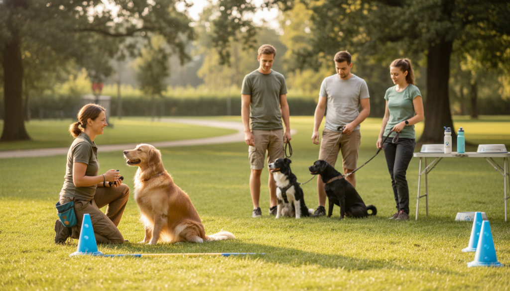 A serene training environment featuring a professional dog trainer demonstrating various training formats. In the foreground, the trainer is engaging with a well-behaved dog, showcasing individual training techniques. The middle ground highlights a small group of enthusiastic dog owners watching and participating in a group training session, with leash-handling and basic commands being practiced. Various training props like cones and agility equipment are scattered around. In the background, a warm and inviting space with a bright, soft lighting, perhaps outdoors in a park, emphasizes a friendly atmosphere. The overall mood is supportive and educational, with a sense of community among the attendees. The scene subtly incorporates elements of "beste-hundetraining," such as branded training materials or equipment, without explicit branding.
