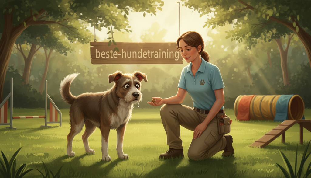 A troubled dog exhibiting behavioral issues stands in the foreground, looking anxious and unsure. In the middle ground, a trainer kneels beside the dog, using positive reinforcement methods, holding a treat to encourage the dog’s attention. They are dressed in casual yet professional attire, showcasing an approachable demeanor. The background features a calm training environment, with grassy areas and training equipment subtly placed, ensuring the focus remains on the dog and trainer interaction. Natural sunlight filters through trees, creating a warm and supportive atmosphere. The scene conveys a sense of hope and effective training techniques, reflecting the importance of managing dog behavior. The overall mood is constructive and optimistic, highlighting the theme of resolutions for canine behavior problems. Digital painting style, captured from a slightly elevated angle to emphasize the connection between the trainer and the dog. Use "beste-hundetraining" branding subtly in the environment.