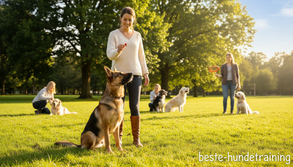 A vibrant and engaging image of a well-trained dog executing basic commands in a sunny park setting, showcasing the bond between the dog and its handler. In the foreground, a medium-sized, playful German Shepherd sits attentively, eyeing a treat held by its owner, who is dressed in smart casual attire. In the middle ground, several other dogs are practicing their commands, with their owners providing guidance. The background features lush green trees and a clear blue sky, enhancing the feeling of a pleasant day outdoors. Soft, natural lighting highlights the dogs' fur and the smiles of the owners, conveying a positive and encouraging atmosphere. The composition captures both the joy of training and the effective communication between dogs and their handlers, representing the essence of "beste-hundetraining".