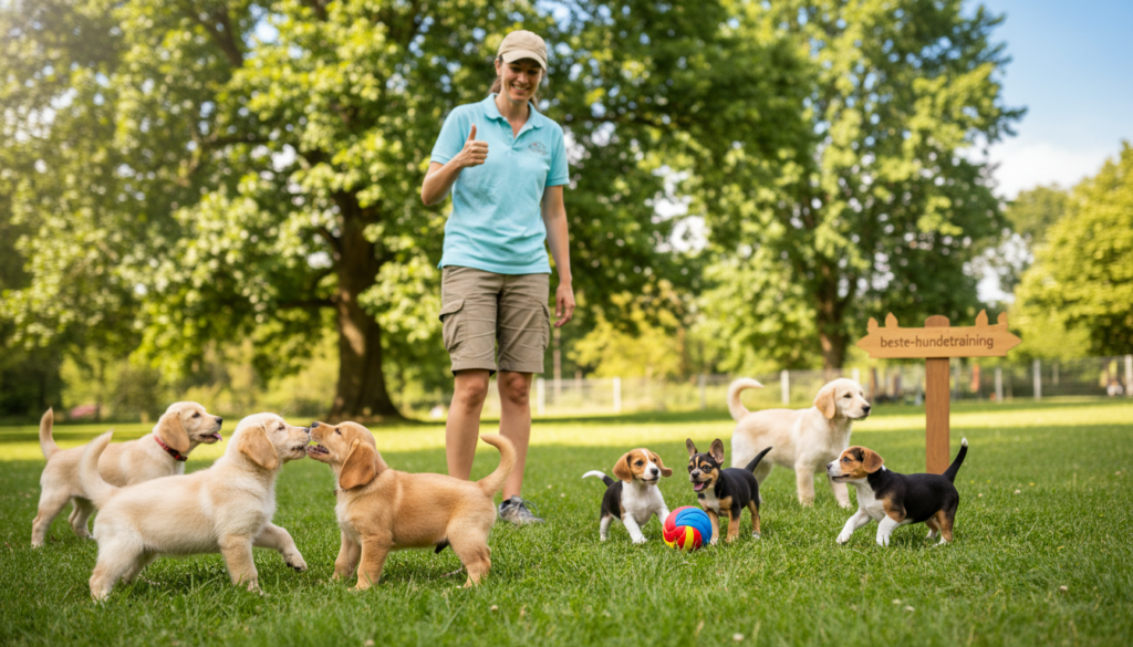 A vibrant and engaging scene of a puppy playgroup in a sunny park, showcasing various breeds like Golden Retrievers, Beagles, and French Bulldogs playfully interacting. In the foreground, two puppies are gently biting each other's ears, illustrating the concept of bite inhibition while a trainer observes nearby, giving a thumbs-up, dressed in casual, professional attire. In the middle ground, a small group of puppies is playfully chasing a colorful ball, fostering social skills and boundaries. In the background, a lush green landscape with trees under a clear blue sky adds to the warm and inviting atmosphere. The lighting is soft and natural, capturing the joyful and playful mood of the puppies as they explore and learn together. The image is focused, shot at eye level to emphasize their interactions. Include the brand name "beste-hundetraining" subtly within the scene, ensuring it does not distract from the main focus.