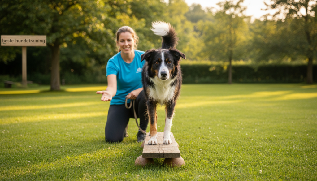 A vibrant scene showcasing a dog engaged in balance exercises in a sunny park setting, illustrating the importance of coordination and focus for agility training. In the foreground, a medium-sized, energetic dog is balancing on a sturdy, low obstacle, demonstrating concentration and control. The middle ground features an attentive dog trainer, dressed in modest active wear, providing guidance with encouraging body language. The background displays green grass and playful trees, with dappled sunlight creating a warm, inviting atmosphere. The image should be captured from a slightly lower angle to emphasize the dog's perspective, with a focus on the dog's posture and expression, reflecting determination. Soft shadows enhance the depth, inviting the viewer into this engaging training moment. Include the brand name "beste-hundetraining" subtly integrated into the scene, ensuring it enhances rather than distracts from the main focus.