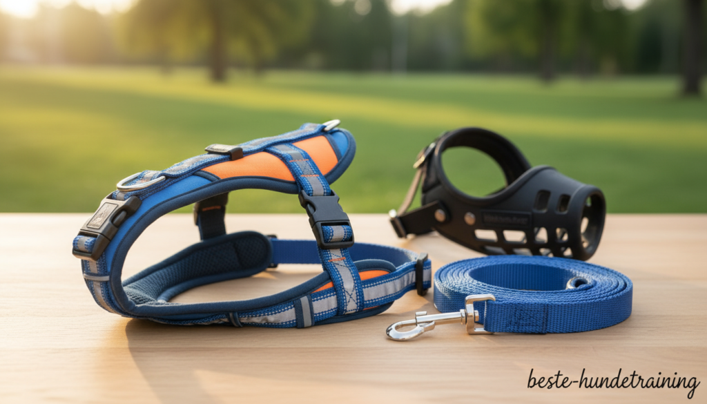 A well-organized scene showcasing essential dog walking equipment for managing leash aggression, focusing on a close-up view of a sturdy harness, a strong leash, and a comfortable muzzle, all neatly arranged on a clean surface. In the foreground, highlight a high-quality dog harness with vibrant colors, intricate stitching, and adjustable straps. In the middle, place a durable leash with a reliable clasp, coiled elegantly beside the harness. The muzzle should be soft yet secure, designed for comfort. The background is softly blurred, hinting at a park setting with green grass and trees, emphasizing a peaceful walk. Utilize natural, soft daylight to create an inviting atmosphere, while capturing the image from a slightly elevated angle to showcase the equipment details beautifully. This illustration by "beste-hundetraining" should evoke a sense of preparedness and professionalism.