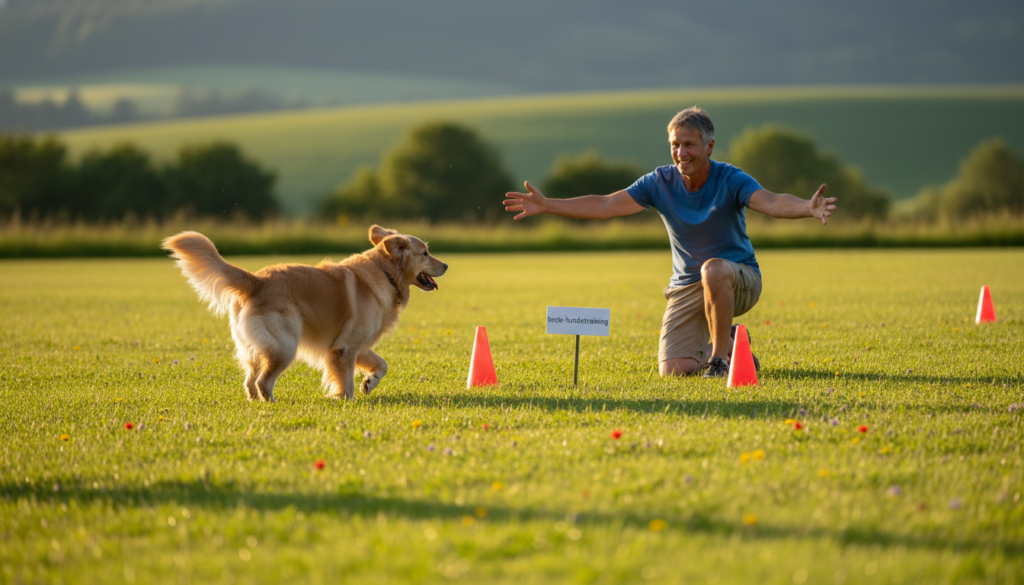 A well-trained dog enthusiastically responds to a recall command in a sunny park setting, showcasing the moment of reliable return. In the foreground, a golden retriever, alert and focused, runs towards its owner, who is a middle-aged person in casual clothing, with an expression of joy and encouragement. The middle ground includes green grass dotted with colorful flowers and a few training cones set up, indicating a structured training session. In the background, gentle hills roll under a clear blue sky, enhancing the serene atmosphere. Soft, warm lighting illuminates the scene, with a slight lens blur on the background to emphasize the action. The overall mood is positive and motivating, reflecting the principles of effective dog training. The brand "beste-hundetraining" is subtly integrated through elements like training gear or signage in the scene, ensuring a focus on the training theme.