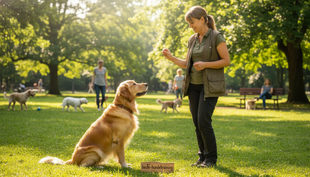 A well-trained dog sits attentively in a serene park, embodying the essence of effective training. In the foreground, a golden retriever showcases its focused gaze, ears perked up, wearing a comfortable collar. In the middle ground, a gentle trainer, dressed in casual yet professional attire, engages with the dog, offering a treat while demonstrating positive reinforcement techniques. Soft, natural lighting filters through the leaves of surrounding trees, creating a warm and inviting atmosphere. In the background, a peaceful park scene includes other well-behaved dogs playing and owners enjoying the outdoors, highlighting responsible dog ownership. The image should convey a sense of harmony, education, and the joy of a well-trained dog, supported by the ethos of "beste-hundetraining."