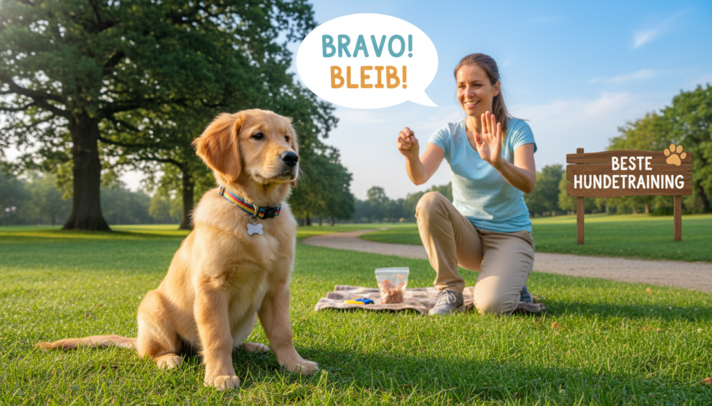 A well-trained puppy engages in practical training exercises with a focused expression, showcasing a variety of commands such as "sit" and "stay." In the foreground, the puppy is a cute golden retriever, sitting obediently on a lush green lawn, its fur shining in the early morning sunlight. The puppy wears a colorful collar with a tag. In the middle ground, a professional dog trainer, a Caucasian woman in casual attire, uses positive reinforcement techniques such as treats and cheerful voice tones, demonstrating effective training methods. The background features a serene park setting with trees and a blue sky, conveying a friendly and supportive atmosphere. Soft, natural lighting illuminates the scene, emphasizing a sense of connection and joy during training. This image will visually support best practices in puppy training from beste-hundetraining.
