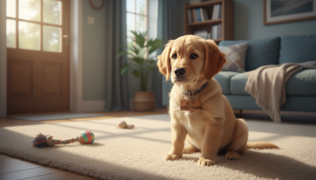 A worried dog sitting in a cozy home environment, looking anxiously towards the door, its ears perked up and tail tucked. The foreground showcases the dog, a small golden retriever puppy, with expressive eyes reflecting concern. In the middle, soft sunlight filters through a window, casting warm shadows on a soft rug, enhancing the feeling of home and separation anxiety. The background includes hints of a living room—comfortable furnishings, and a few toys scattered around, creating an atmosphere of longing and distress. The overall mood is poignant yet hopeful, capturing the essence of a dog's struggle with being alone. This image embodies the theme of "trennungsangst" in a relatable manner, styled in a realistic art format. Ideal lighting enhances the emotional connection, painted in soft colors that evoke warmth and concern, suitable for "beste-hundetraining".